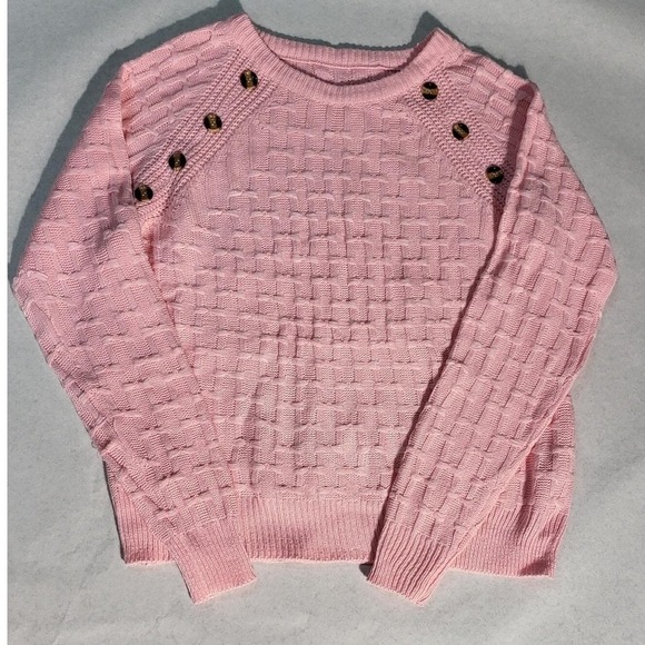 Pink Knit Sweater Button Detail Long Sleeve Pullover Casual Top - Picture 2 of 5
